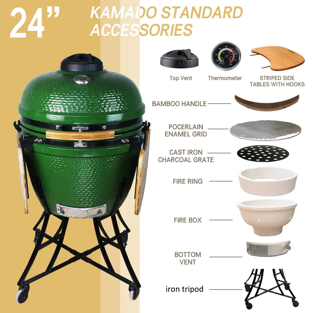 Auplex XL 24 Inch Egg Shape Green Smoker BBQ Charcoal Fuel Kamado Grills for Home Outdoor Kitchen Barbeque